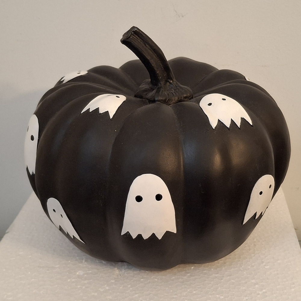 Halloween Black Resin Pumpkin with White Ghosts